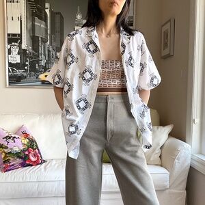 Vintage White short sleeve printed motif button down shirt